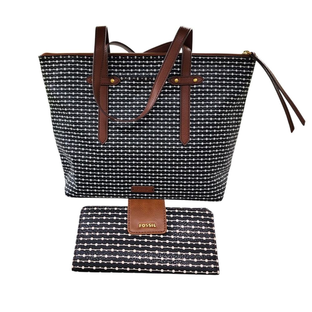 FOSSIL Felicity Black Ivory Dot Faux Leather Tote Bag Wallet Set